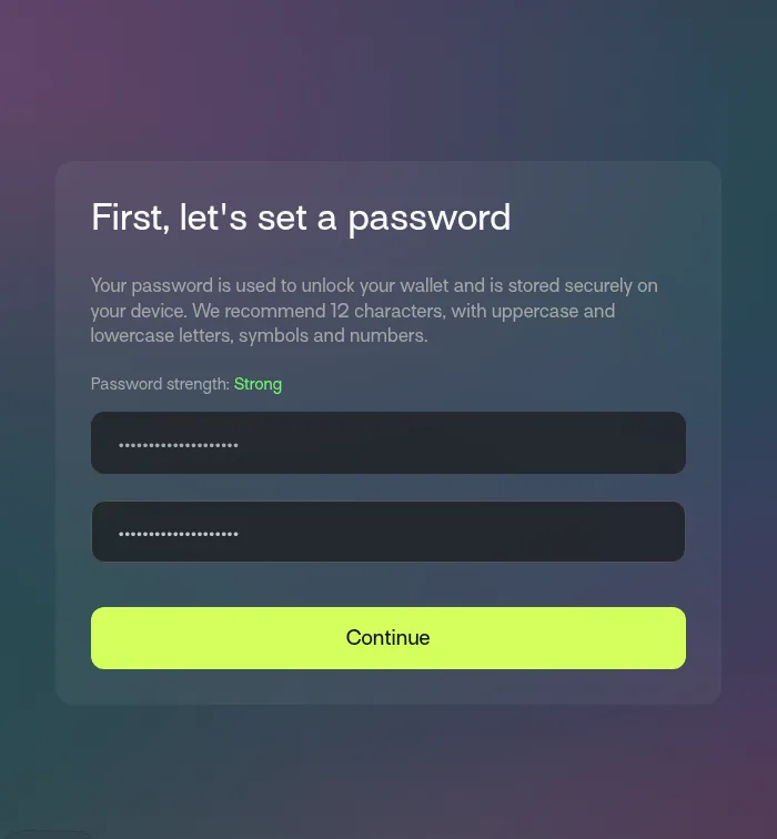 Talisman setup screen asking for a password and its confirmation, with a Continue button.