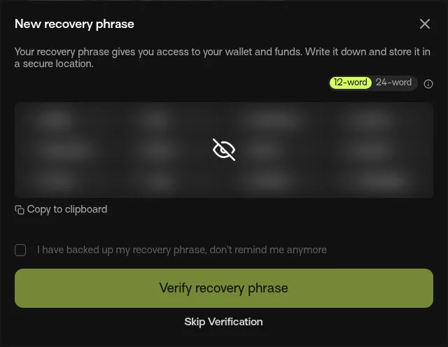 Talisman New recovery phrase dialog with the words hidden behind a blur and an eye icon to reveal them.