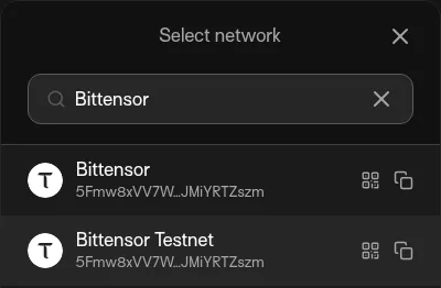 Talisman Select network dialog filtered to Bittensor, with copy and QR icons next to the Bittensor address starting with 5.