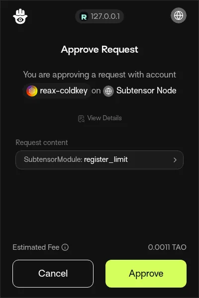 Talisman Approve Request pop-up for account reax-coldkey with request content SubtensorModule register_limit and Cancel and Approve buttons.